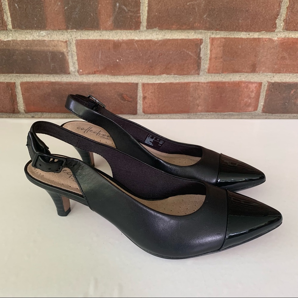 Collection by Clarks Linvale Emmy Black leather Cap-toe Mid Heel Slingback Pumps